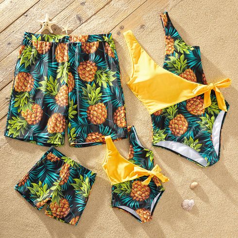 Pineapple Fruit Series Family Matching Swimsuits（One-piece V-neck Swimsuits for Mom and Girl ; Swim Trunks for Dad and Boy ）