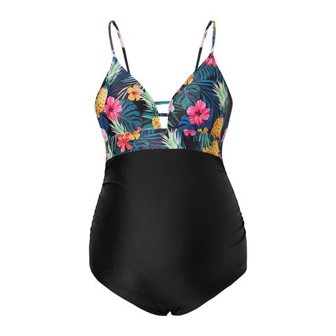 Maternity 1pcs Floral full print Black one piece swimsuit