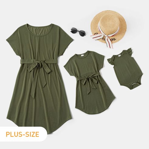 Army Green Short Sleeve Irregular Hem Dresses with Waist Tie