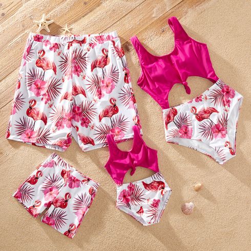 Floral Flamingo Print Family Matching Swimsuits(One-piece Front Tie Tank Swimsuits for Mom and Girl ; Swim Trunks for Dad and Boy)