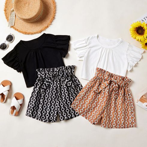 Kid Girl Flounced Solid Top Bowknot Decor Printed Shorts Casual Set