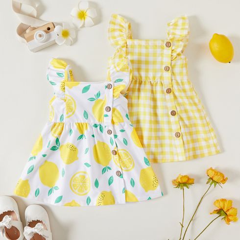 1pc Baby Girl Plaid&Lemon&Fruit Sweet Dress