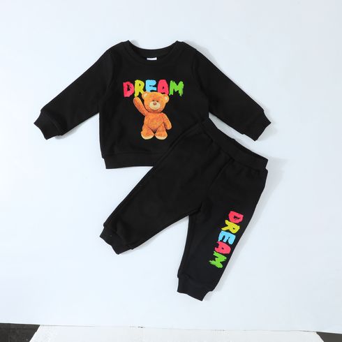 2pcs Baby Boy Bear & Letter Print Pullover Sweatshirt and Pants Set 