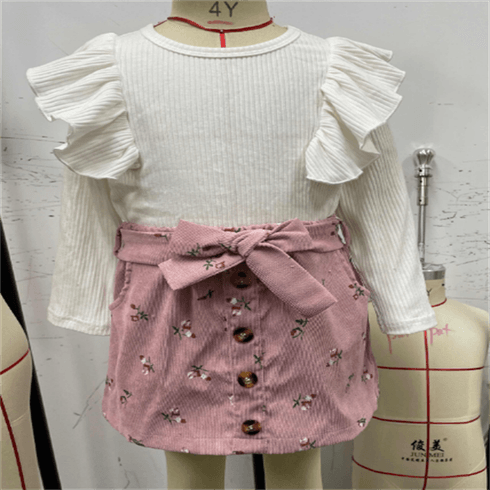 2pcs Toddler Girl 95% Cotton Ruffle Ribbed Solid Long-sleeve Tee and Allover Floral Print Belted Skirt Set