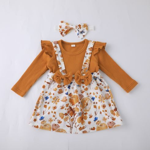 2pcs Baby Girl 95% Cotton Floral Print Ribbed Panel Long-sleeve 2 In 1 Dress with Headband 
