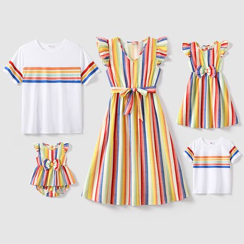 Family Matching Cotton Short-sleeve T-shirts and Colorful Striped Flutter-sleeve Dresses Sets