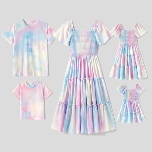 Family Matching Short-sleeve Colorful Tie Dye Shirred Tiered Dresses and T-shirts Sets