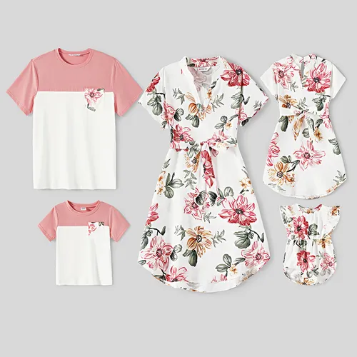Family Matching Allover Floral Print Notched Neck Belted Dresses and Short-sleeve Colorblock T-shirts Sets