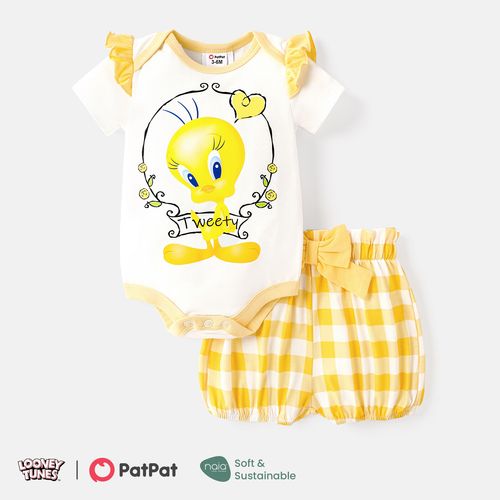 Looney Tunes 2pcs Baby Girl Graphic Print Ruffle Short-sleeve Romper and Plaid Naia™ Shorts Set