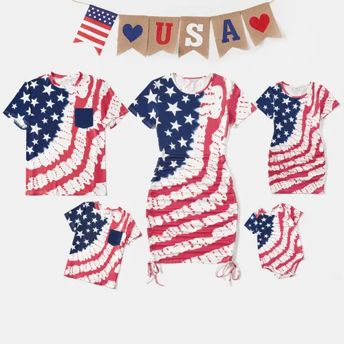 Independence Day Family Matching Allover Print Short-sleeve Drawstring Ruched Bodycon Dresses and T-shirts Sets