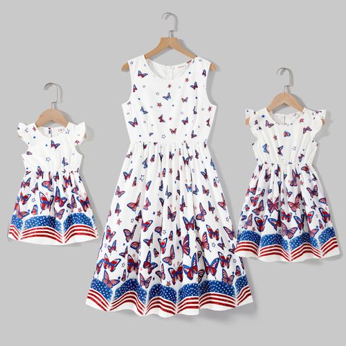 Independence Day Mommy and Me Allover Butterfly Print Sleeveless Dresses
