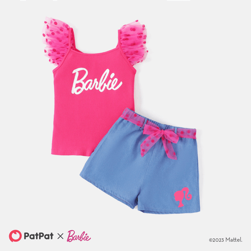 Barbie Toddler/Kid Girl 2pcs Letter Print Polka Dots Mesh Sleeve Ribbed Top and Belted Shorts Set