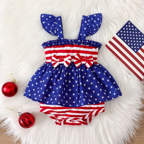 Independence Day Baby Girl Bow Front Ruffle-sleeve Romper