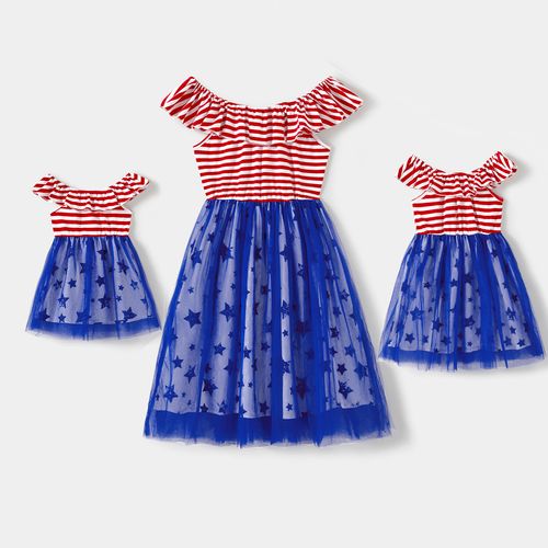 Independence Day Mommy and Me Striped Off Shoulder Ruffled Sleeveless Star Print Lined Mesh Dresses