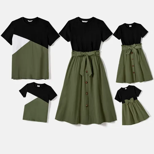 Family Matching Two Tone Short-sleeve Belted Combo Dresses and Color Block T-shirts Sets