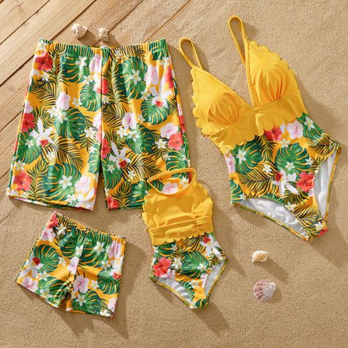 Family Matching Plant Floral Panel Scallop Trim One-piece Swimsuit or Swim Trunks Shorts
