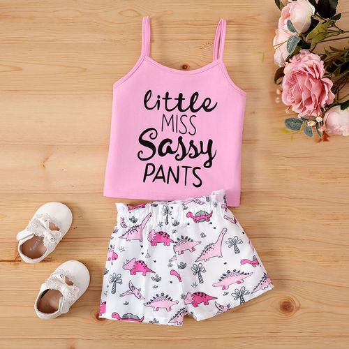 2pcs Baby Girl Letter Print Camisole and Dinosaur Print Shorts Set