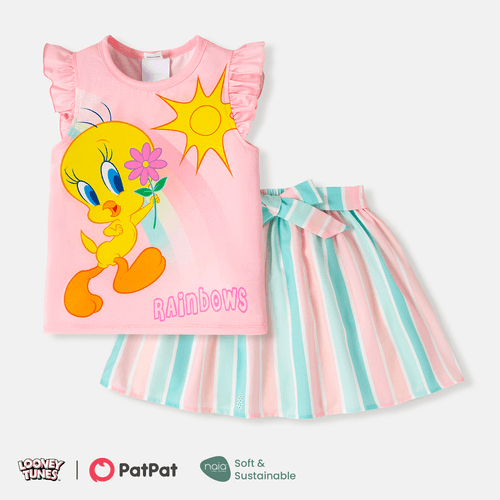 Looney Tunes Toddler Girl 2pcs Character Print Flutter-sleeve Naia™ Tee and Stripe Belted Skirt Set