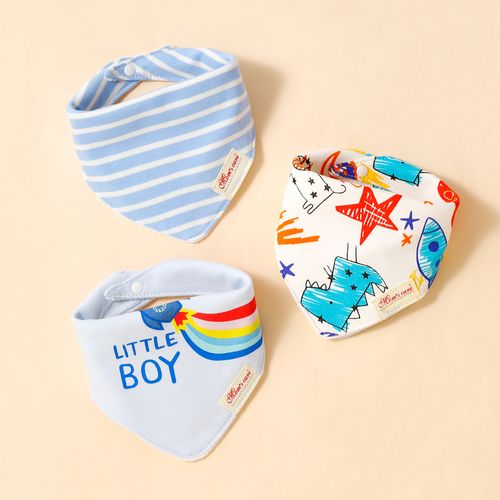 3-pack Baby Triangle Saliva Towel Allover Print Snap Button Adjustable Cotton Bibs for Baby Boy
