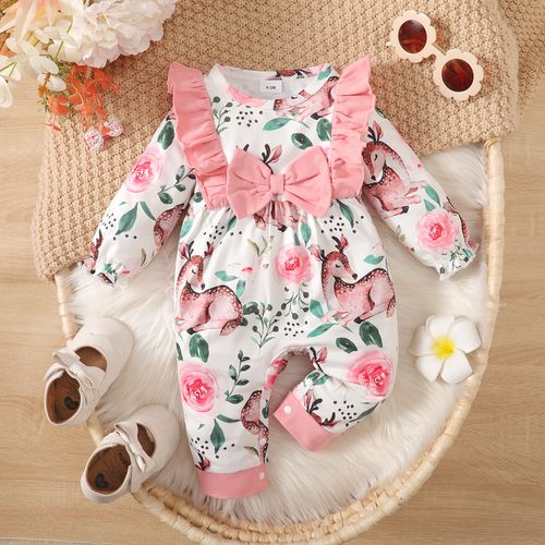 Baby Girl Allover Deer Floral Print Bow Decor Ruffle Long-sleeve Jumpsuit 