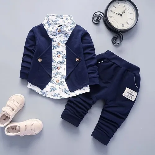2pcs Baby Boy 95% Cotton Long-sleeve Faux-two Floral Print Top and Pants Set