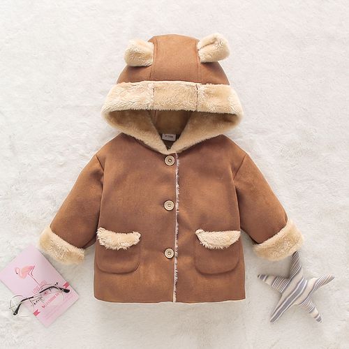 3D Ear Solid Suede and Fleece Long-sleeve Baby Hooded Coat Jacket