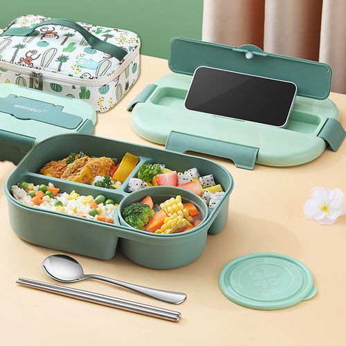 Bento Box Kit, Microwave Plastic Japanese Lunch Box 4-In-1 Compartment for Office Worker Student (with Soup Bowl and Lunch Bag)