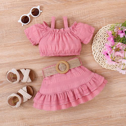 2pcs Baby Girl Pink Ruffled Camisole and Belted Skirt Set