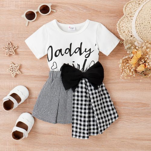 2pcs Baby Girl Letter Print Short-sleeve Top and Bow Front Asymmetrical Hem Plaid Skirt Set