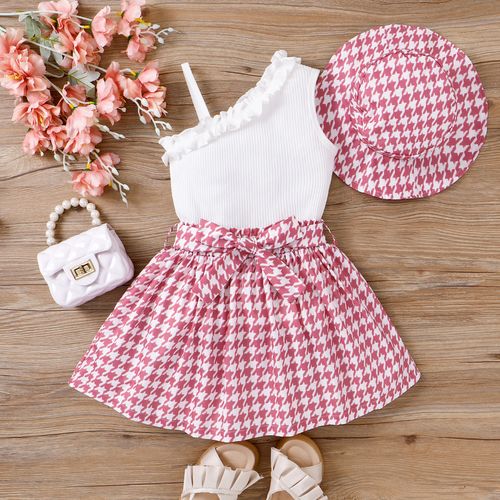 3pcs Kid Girl Ruffled One-Shoulder Rib-knit Top & Houndstooth Print Belted Skirt & Bucket Hat Set