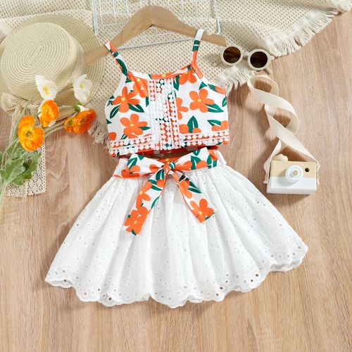 2pcs Toddler Girl Floral Print Cami Top and Belted Schiffy Skirt Set