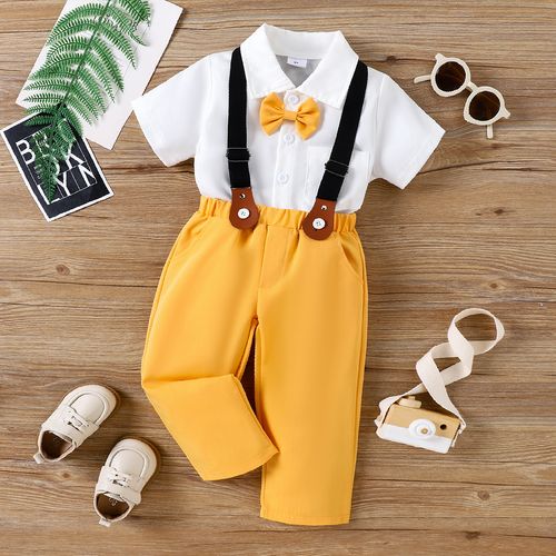 2pcs Toddler Boy Solid Bow Tie Shirt and Suspender Pants Set