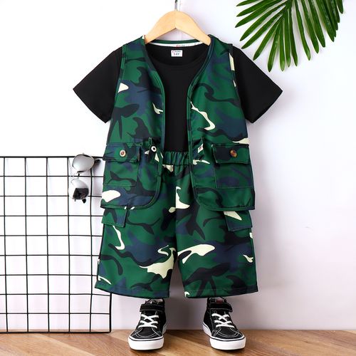 3pcs Kid Boy Solid Short-sleeve Tee and Camouflage Pocket Vest & Shorts Set