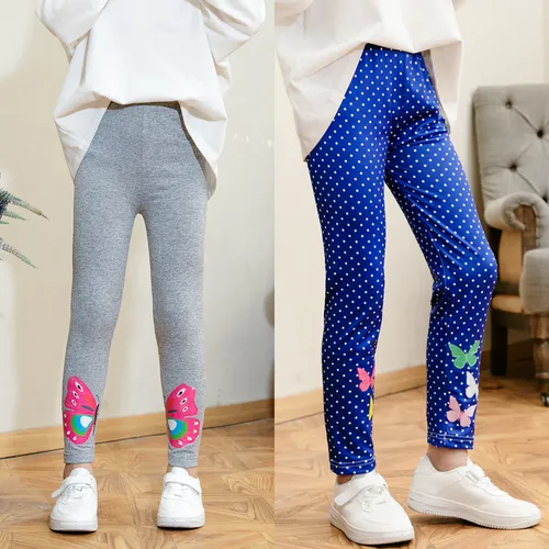 Kid Girl Butterfly Print Fleece Lined Polka Dots/Solid Color Leggings (Thicker Blue)