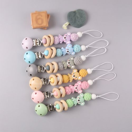 Silicone Teether Wood Beads Set DIY Baby Teething Necklace Toy Cartoon Koala Pacifier chain Clip