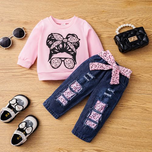 2pcs Baby Girl Figure Print Long-sleeve Sweatshirt and 100% Cotton Belted Ripped Jeans Set