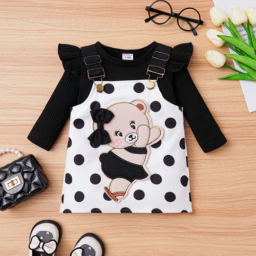 2pcs Baby Girl Bear Pattern Polka Dots Strappy Dress and 95% Cotton Ruffle Solid Ribbed Long-sleeve Top Set