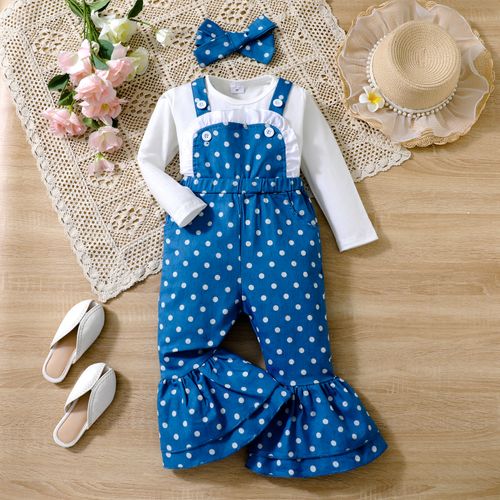 3pcs Toddler Girl 95% Cotton Polka Dots Flared Overalls and 97% Cotton Long-sleeve Solid Tee & Headband Set
