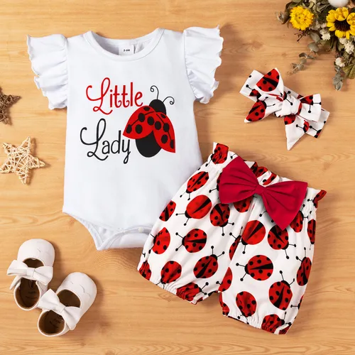 3pcs Baby Girl 95% Cotton Ruffle Sleeve Letter Print Romper and Ladybugs Print Shorts with Headband Set