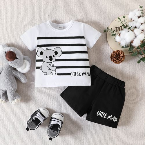 2pcs Baby Boy 95% Cotton Bear & Stripe Print Short-sleeve Tee and Letter Print Shorts Set