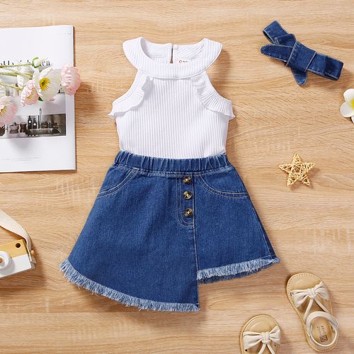3pcs Baby Girl 95% Cotton Ruffled Rib-knit Halterneck Top & Asymmetrical Hem Denim Skirt & Headband Set