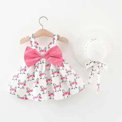 2pcs Baby Girl Bow Front Pretty Rabbit Print Tank Dress & Hat Set