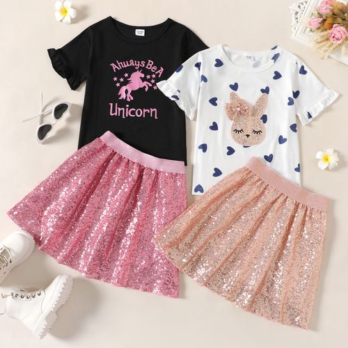 2-piece Kid Girl Unicorn Letter Print/Sequin Rabbit Pattern Heart Print Short-sleeve Tee and Sequined Skirt Set