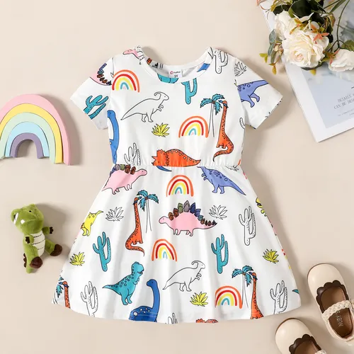 Toddler Girl Dinosaur Rainbow Cactus Print Short-sleeve Dress