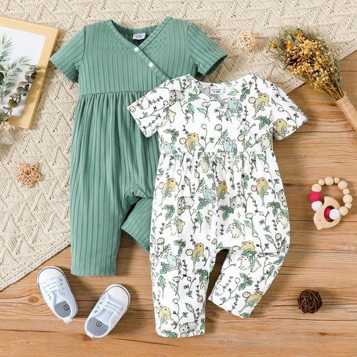 Baby Girl All Over Rabbit Print/Solid Ribbed V Neck Short-sleeve Jumpsuit