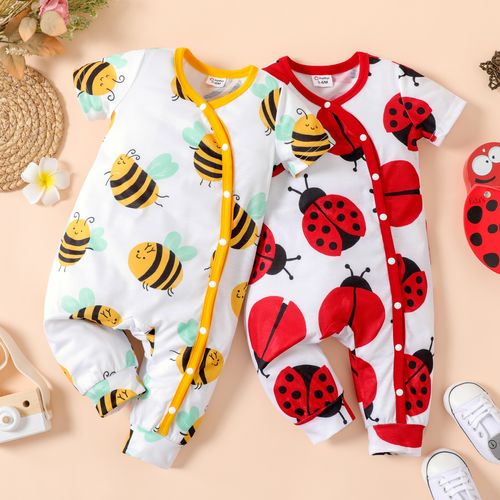 Baby Girl Allover Bee/Ladybug Print Short-sleeve Snap Jumpsuit