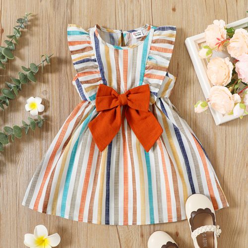 Toddler Girl Stripe Ruffled Bowknot Design Sleeveless Dress