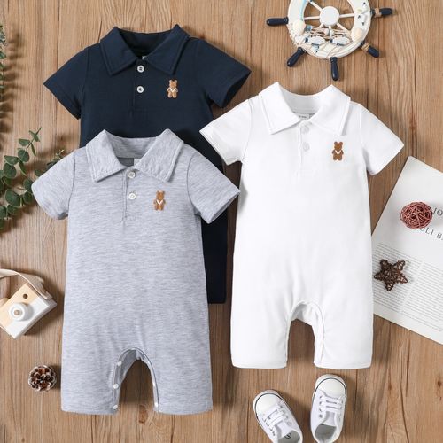 Baby Boy Bear Embroidered Polo Collar Button Up Short-sleeve Jumpsuit