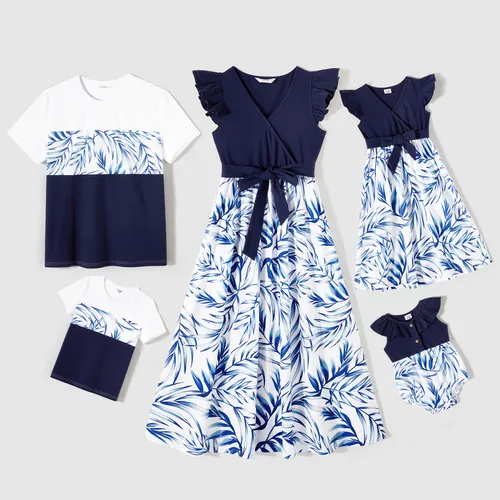 Family Matching Allover Palm Leaf Print & Solid Spliced Surplice Neck Flutter-sleeve Dresses and Colorblock Short-sleeve T-shirts Sets
