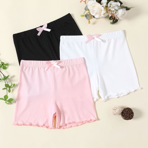 Kid Girl Bowknot Design Lettuce Trim Solid Color Leggings Shorts